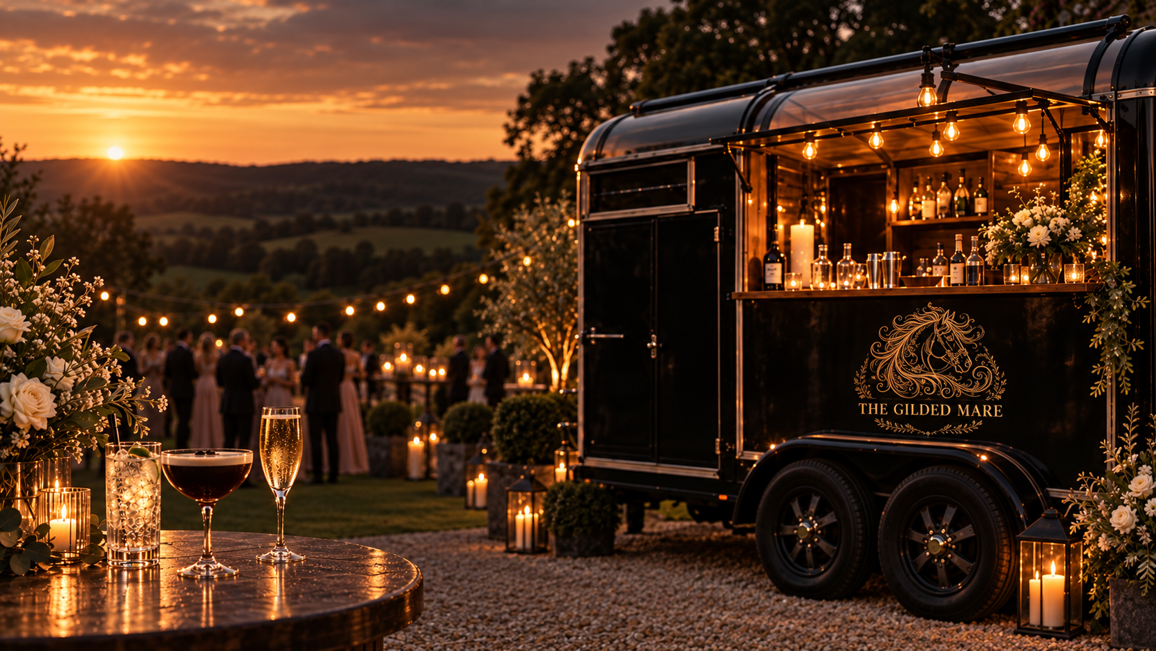 A black luxury horsebox bar at an elegant countryside wedding